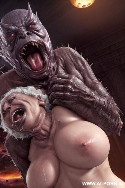 ((((two characters on the image: space-monster and human elderly woman!)))). nightfall. lush tropical rainforest. downpour. monster is huge non humanoid al_ien from deep space, monster is terrifying - ai-porn.ai on pornintellect.com