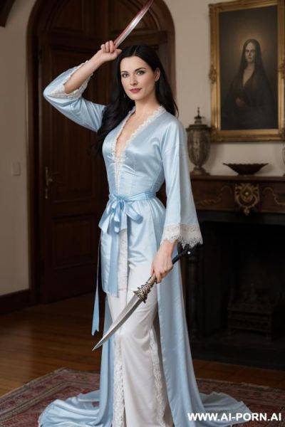 A woman with long, dark hair holding a sword in a dynamic a woman with long, dark hair holding a sword in a dynamic pose. she appears to be a adult woman in her 30s, with dark, - ai-porn.ai on pornintellect.com