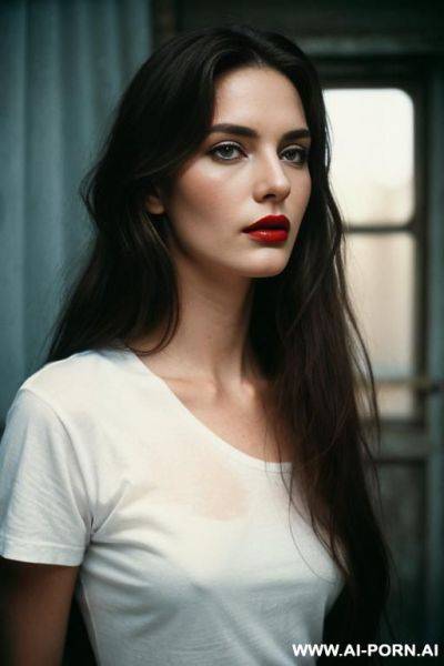 A beautiful european-looking woman. long brown hair, skin, face, red lips, white t-shirt, blue jeans. horror, analog film, realism, cinematic light, high quality, creepy photo - ai-porn.ai on pornintellect.com