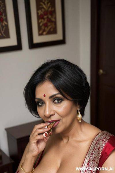 Curvy mature black woman, her eyes are sharp and expressive, a mischievous smirk playing on her lips as she chews paan, ( she has inse, knowing smirk as she chews paan, her lips stained a deep crimman. ), highly detailed, feel the erotic, - ai-porn.ai on pornintellect.com