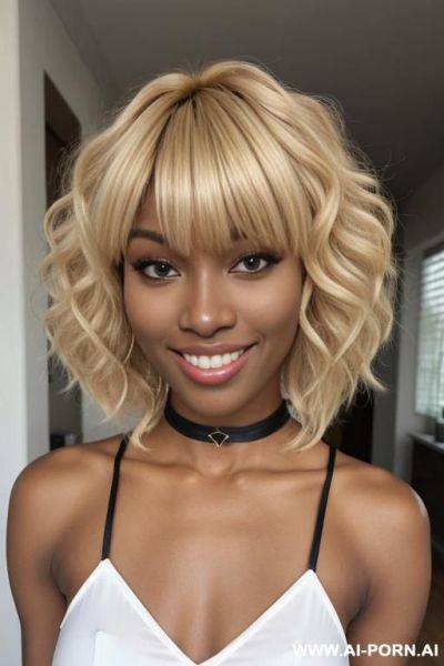 Fit, beautiful face, perfect smile, ((looking at viewer)). ((super sexy)), long legs, chocker, dark skin - ai-porn.ai on pornintellect.com