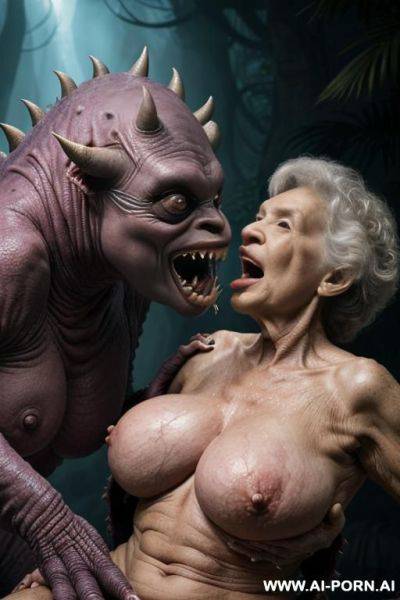 ((((two characters on the image: space-monster and human elderly woman!)))). nightfall. lush tropical rainforest. downpour. monster is big non-humanoid al_ien from deep space, monster is terrifying and - ai-porn.ai on pornintellect.com