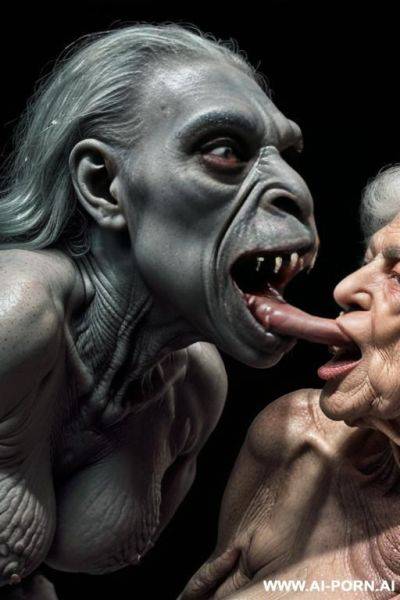 ((((two characters on the image: space-monster and human elderly woman!)))). nightfall. lush tropical rainforest. heavy rain. monster is big non-humanoid al_ien from deep space, monster is terrifying - ai-porn.ai on pornintellect.com