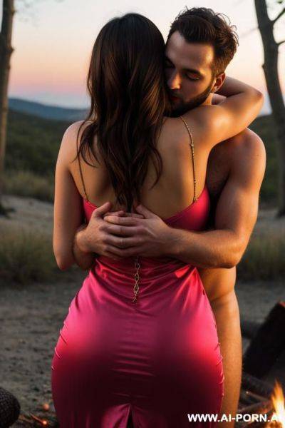 Another man uncomfortably hugging and kissing her. campfire. tight hot pink dress. hairy pussy. large teardrop saggy breasts. make up. getting into sleeping bag. another man giving an uncomfortable hug and kissing her - ai-porn.ai on pornintellect.com