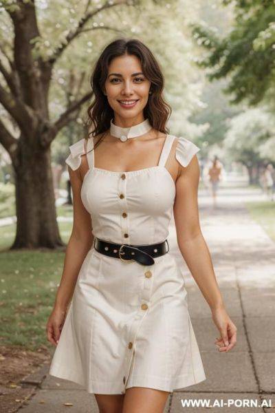 A photorealistic image of a fit and beautiful woman with very light-brown, she had a determined look on her face, sincere smile, wide hips. romantic summer vacation with elegant and beautiful - ai-porn.ai on pornintellect.com