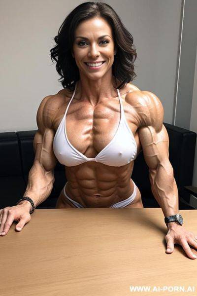 Large table with clear surface. breasts on table. tight muscular pallid woman prone into table with perky tits over table. view from across table. naked fake tits, white pallid skin. short - ai-porn.ai on pornintellect.com