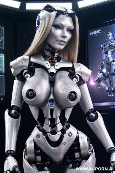 Sexbot, front view, full body view, standing upright, hands on spaceship control desk, looking at viewer, beautiful seductive human face with tanned silicone skin, long straight blonde hair, big - ai-porn.ai on pornintellect.com