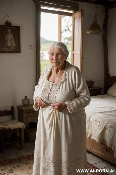 First half of the 20th century. nightfall. almost completely naked elderly ukrainian peasunt-woman from a remote village in the ukraine is in a simple poor rural home. dimly lit interior of the - ai-porn.ai - Ukraine on pornintellect.com