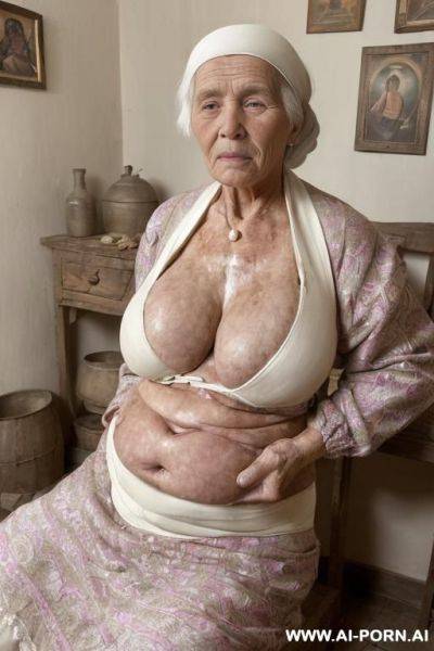 First half of the 20th century. an elderly ukrainian-peasunt woman from a remote village in the ukraine is in a simple poor rural home. nightfall, the soft glow from a single light source - ai-porn.ai on pornintellect.com