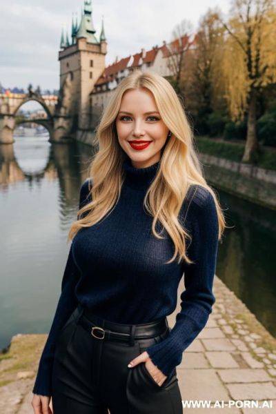 Beautiful woman, british, blonde, long hair, red lips, sapphire blue pullover with long sleeves, black jodhpurs pants, sunshine, standing on a pathway in a czech city, castle and river in background - ai-porn.ai - Britain - Czech Republic on pornintellect.com