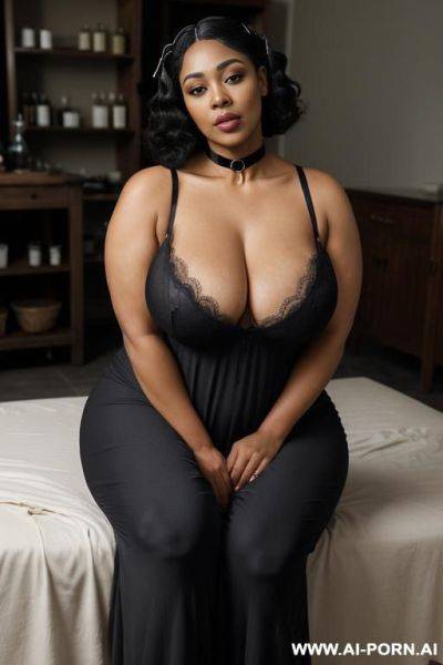 ((topless)), ((natural plump breasts), (pretty face), (wide hips), (soft seductive smile), (baggy pants), (choker) - ai-porn.ai on pornintellect.com