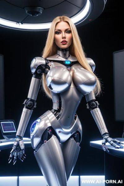 Sexbot, front view, full body view, standing upright, hands on spaceship control desk, looking at viewer, beautiful seductive human face with tanned silicone skin, long straight blonde hair, big - ai-porn.ai on pornintellect.com