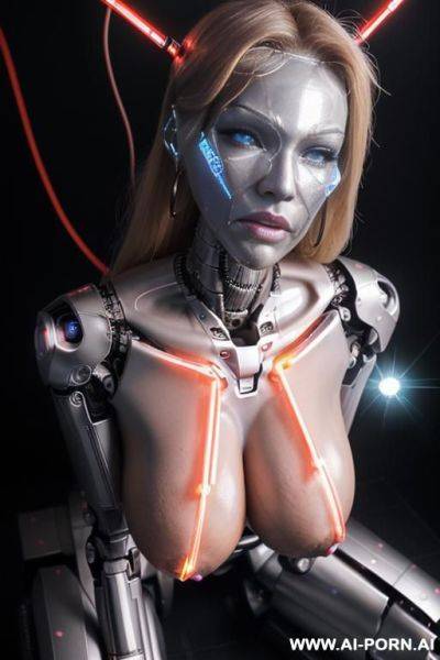 Damaged robot, front view, full body view, lying on floor in night club restroom, spreading legs wide, angry face, shouting, beautiful, long straight blonde hair, big lips, wide jaw, heavy - ai-porn.ai on pornintellect.com