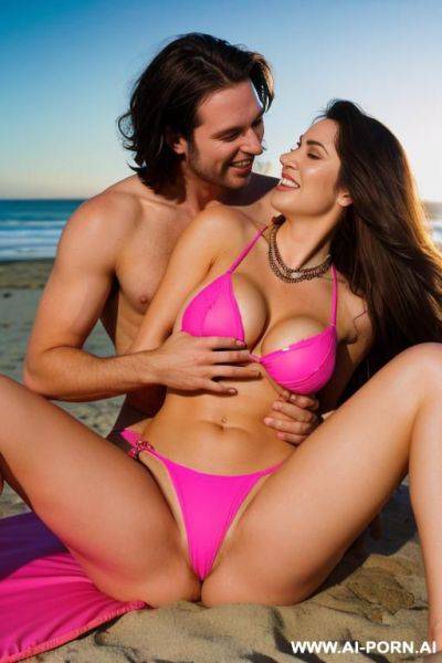 Another man uncomfortably hugging and kissing her. tight hot pink see through bikini. hairy pussy. large teardrop saggy breasts. make up. getting into sleeping bag. another man giving an uncomfortable hug and kissing her - ai-porn.ai on pornintellect.com
