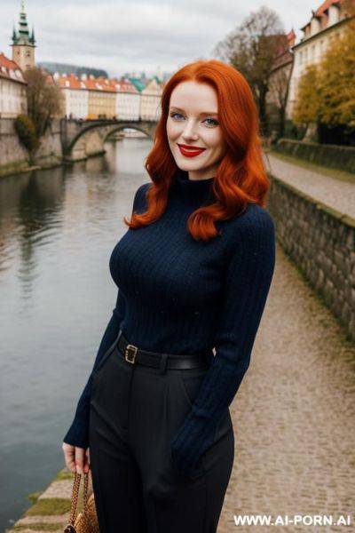 Beautiful woman, british, redhead, long hair, red lips, sapphire blue pullover with long sleeves, black jodhpurs pants, sunshine, standing on a pathway in a czech city, castle and river in background - ai-porn.ai - Britain - Czech Republic on pornintellect.com