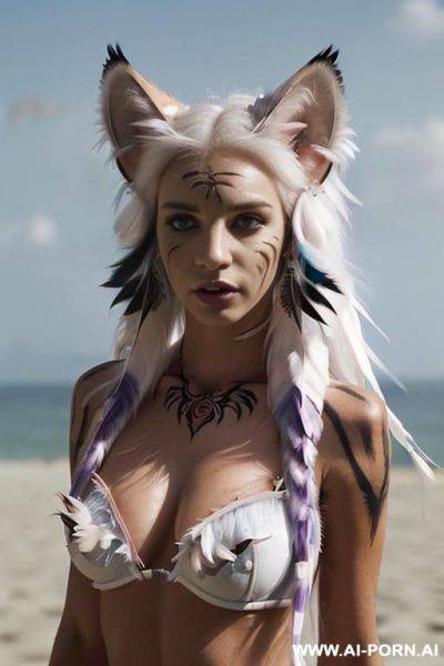 Face, ((sexy)), beautiful, ((gothic)), ((face tiger painting)), ((bikini as seashell)), ((tattoo roses)), ((eyes shw)), ((angel wings)), ((rainbow hair)), ((one rose in hair) ((long bu hair)), ((wind)), - ai-porn.ai on pornintellect.com
