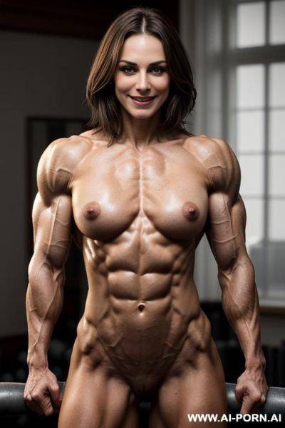 (very slender), (very gaunt), (very lithe), (very lean), very angular, very hollowcheeked face, (very slight slender reduced xxs boobs but extreme pectoral musculature), no fat, (hairless muscle - ai-porn.ai - Britain on pornintellect.com