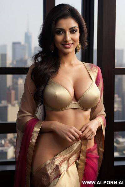 Long sleeve crew neck highly detailed colorful sari, photorealistic, hot woman ,ashley juggs, ultra detailed, best quality, finely detail, highly detailed face, highly detailed eyes, sexy eyes, best - ai-porn.ai on pornintellect.com