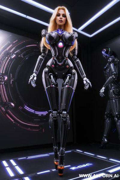 Sexbot, front view, full body view, standing upright, hands on spaceship control desk, looking at viewer, beautiful seductive human face with tanned silicone skin, long straight blonde hair, big - ai-porn.ai on pornintellect.com