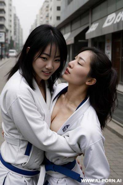 Asian women wrestling wearing judo uniforms with tits exposed - ai-porn.ai on pornintellect.com