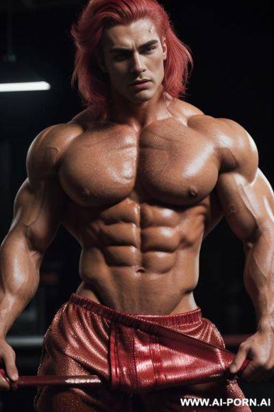 Erotic male figure, fully aroused massive endowment, glistening muscular body, well-defined abs and pectorals, prominent veins, thick throbbing shaft, heavy balls, glistening with oil and sweat, athletic - ai-porn.ai on pornintellect.com