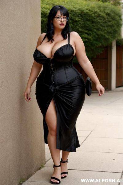 A woman, chubby, tied black hair, no black corset dress, she is topless, large breasts, glasses, black flip flops - ai-porn.ai on pornintellect.com