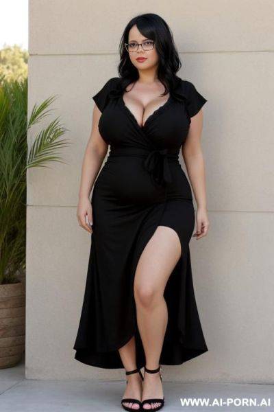 A woman, chubby, tied black hair, no sleeves black dress, large breasts, glasses, black flip flops, she flashes her breasts - ai-porn.ai on pornintellect.com