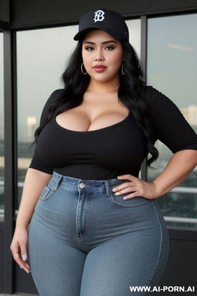 Mexican, very plump bbw, extra thicc, bbw hips, pear shaped, hot, dimples, face, high rise jeans, baseball cap, long black hair - ai-porn.ai - Mexico on pornintellect.com