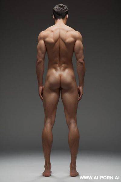 Create an image with the following data: two male bodies, fit bodies, naked, full body view, standing, one man seen from the front, the other man from behind, anatomy clearly visible - ai-porn.ai on pornintellect.com