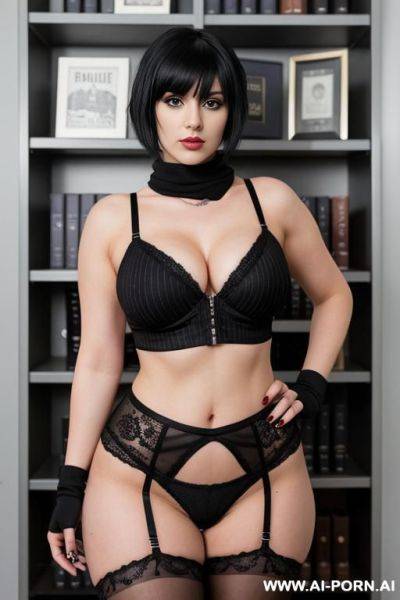 Emo female version . she has short black hair with bangs and wears a short black top with a white skull pattern, from under which a t-shirt is visible. a short red vest with badges is - ai-porn.ai on pornintellect.com