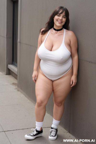 Nude fat woman standing naked in (black vans sneakers), white ankle socks, (thick metal choker), pubic hair, brunette, smiling, big boobs, fair skin - ai-porn.ai on pornintellect.com