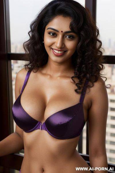 Hotel balcony in manhattan, shiny satin purple floral push up bra, photorealistic, indian ((perky breasts)), ((busty)), (perfect boobs), dark complexion, (ultra detailed photo), (hyper realistic photo) - ai-porn.ai - India on pornintellect.com