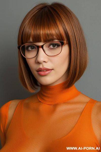 Brown short bob with bangs hair, glasses, full body view - ai-porn.ai on pornintellect.com