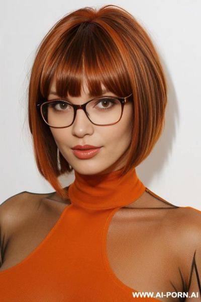 Brown short bob with bangs hair, glasses, full body view, very large shot - ai-porn.ai on pornintellect.com