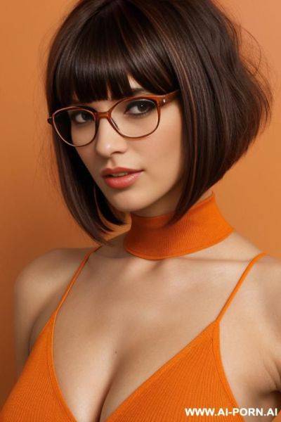 Dark brown short bob with bangs hair, glasses, full body view, large shot - ai-porn.ai on pornintellect.com