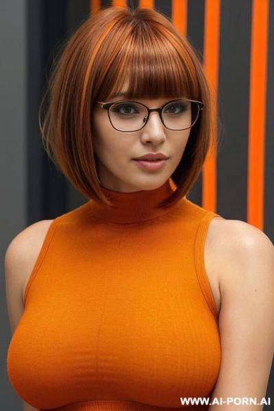 Brown short bob with bangs hair, glasses, full body view, large shot - ai-porn.ai on pornintellect.com