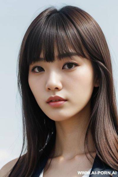 Pov, directly opposite, (close up face:1.2), kawaii, pretty, (hair length:1.0), bangs, staring, serious face, fashionable clothes, outdoor, cloudless sky - ai-porn.ai on pornintellect.com
