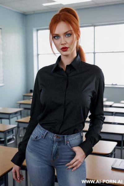 Full body photo shot, about at classroom, ((large eyes, eye contact)), beautiful redhead teacher, (light blue jeans), ((elegant oversized long sleeved black shirt)), teaching to the classroom, narrow waist - ai-porn.ai on pornintellect.com