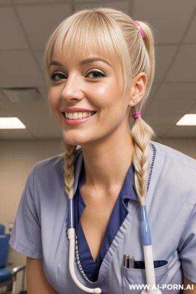 (bangs) (close up) (bending down) (smiling) (nurse) (scrubs) (exam room) - ai-porn.ai on pornintellect.com