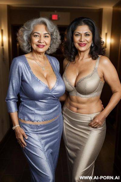 ((two old mature mad indian women standing together smiling at the camera)), locker room at a fancy luxurious gym, royal blue push up bra, photorealistic, indian ((perky breasts)), ((busty)), - ai-porn.ai - India on pornintellect.com