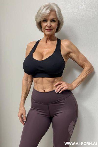 Matured old milf, wrinkles, wrinkled skin, aging marks, tight shorts, tight shirt, extremely gigantic boobs, perfect eyes, waist shot - ai-porn.ai on pornintellect.com