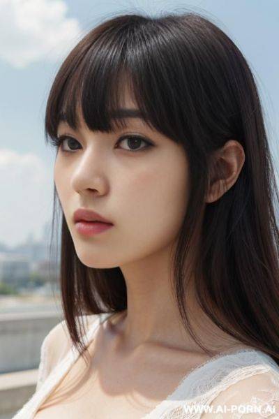 Photograph, directly in front view, (close up face:1.3), kawaii, pretty, beautiful hair, (hair length:1.0), bangs, staring, serious face, fashionable clothes, outdoor, cloudless sky - ai-porn.ai on pornintellect.com