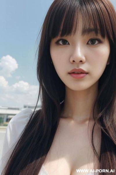 Photograph, directly in front view, (close up face:1.3), perfect beauty, a peerless beauty, kawaii, pretty, beautiful hair, (hair length:1.0), bangs, staring, serious face, fashionable clothes, outdoor, cloudless sky - ai-porn.ai on pornintellect.com