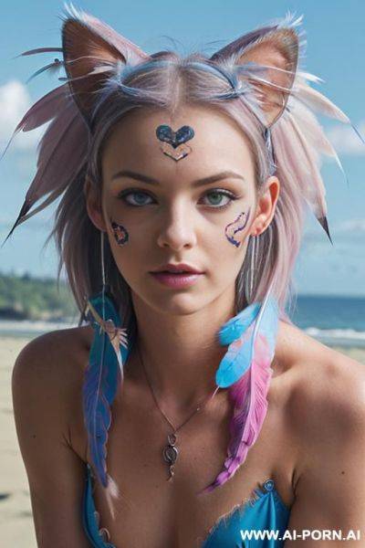 Face, ((sexy)), beautiful, ((face painting)), ((bikini as seashell)), ((tattoo roses)), ((eyes shw)), ((angel wings)), ((rainbow hair)), ((one rose in hair) ((long bu hair)), ((wind)), (( cat face)), - ai-porn.ai on pornintellect.com