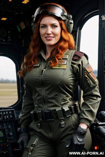 Apache helicopter pilot suit, apache helicopter pilot coverall, ah 4 apache pilot suit, us army apache helicopter pilot helmet, with a military helicopter pilot helmet, in a helicopter base, us - ai-porn.ai on pornintellect.com