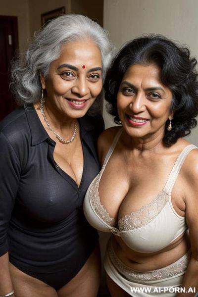 ((two old mature cuckold lesbian indian women standing together smiling at the camera)), push up bra, photorealistic, indian ((perky breasts)), ((busty)), (perfect boobs), dark complexion, (ultra - ai-porn.ai - India on pornintellect.com