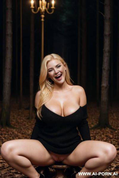 Bbw, blonde, makeup, open mouth, huge boobs, topless, massive boobs, direct eye contact, transparent dress, cleavage, black stocking, livingroom, high platform heels - ai-porn.ai on pornintellect.com