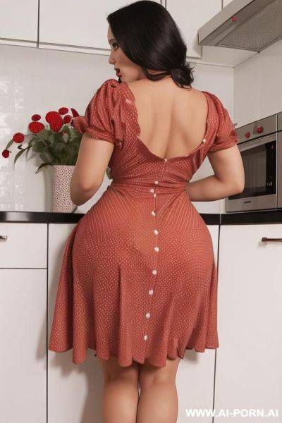 Gorgeous hot brunette women wearing (((red polka dot dress))) in kitchen, curvy ass, fucked, pov, cartoon style - ai-porn.ai on pornintellect.com
