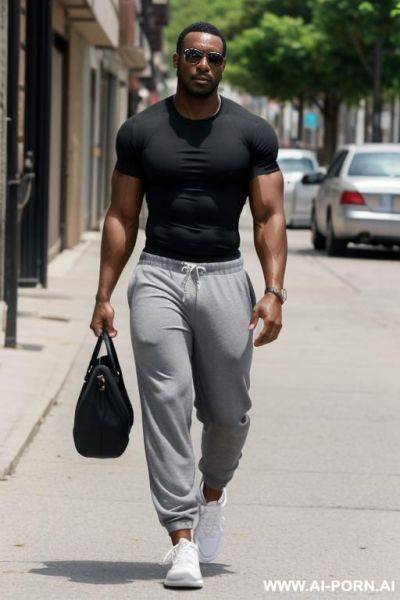 1, african male, toned body, jersey shirt, baggy pants, sneakers, relaxing muscle, 200lbs, proud face, short black hair, no beard or mustache, bulging crotch, walking the streets, midday, dynamic view - ai-porn.ai on pornintellect.com