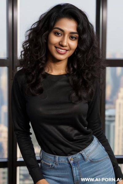 (((crew neck shirt))), long sleeve crew neck black shirt , standing in a fancy luxurious sky rise penthouse in manhattan, photorealistic, dark complexion, (ultra detailed photo), (hyper realistic photo) - ai-porn.ai on pornintellect.com